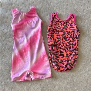 Gymnastics leotards - pink shiny biketard, neon pink orange leopard
